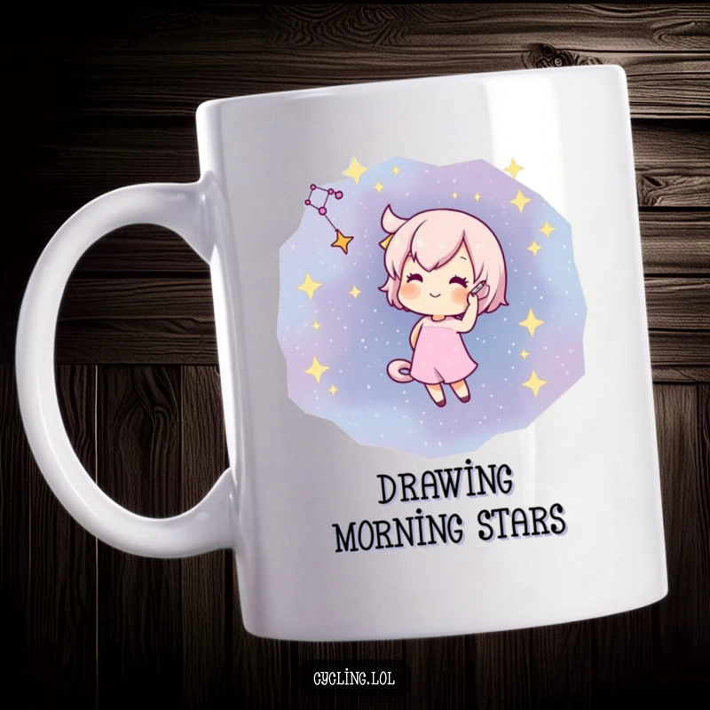 Funny mug showing a character artistically drawing a constellation with a flourish on a dark, star-filled sky.