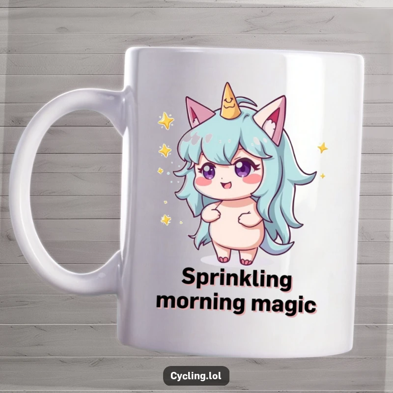 Funny character with a mischievous twinkle throwing glittery stardust on a ceramic mug, spreading joy.