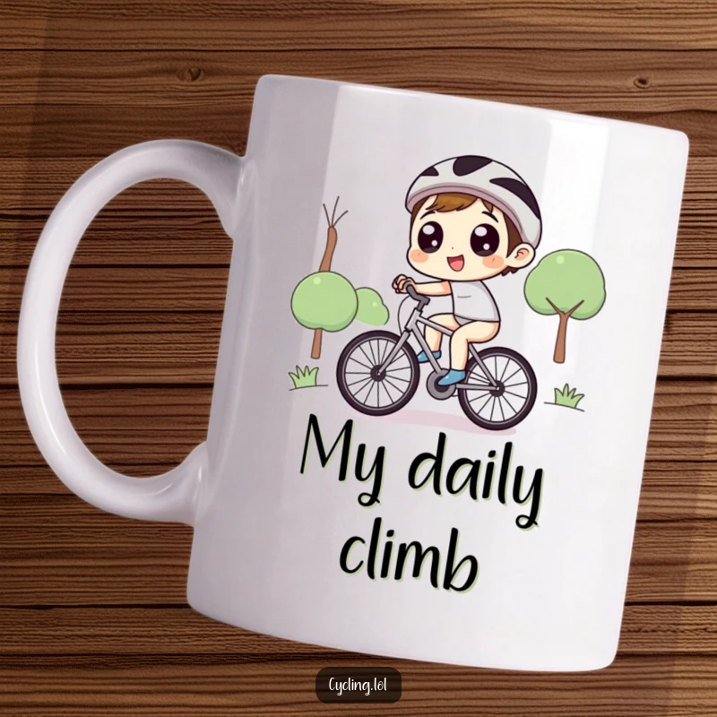 Funny mug of a character with wide, delighted eyes, joyfully pedaling a bicycle uphill, embodying pure determination and fun.