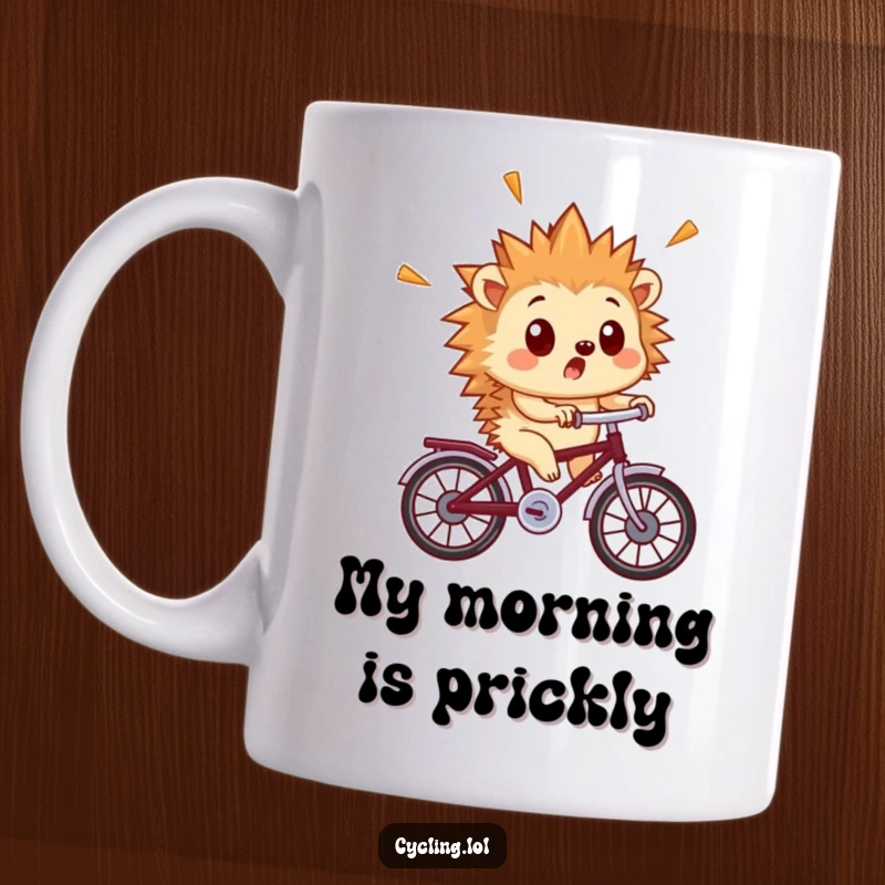 Funny hedgehog mug showing a surprised hedgehog with quills flying, riding a tiny bicycle with wide eyes.