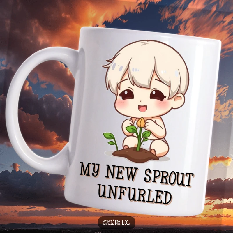 Funny mug showing a character smiling while curiously examining a sprouting plant seed, embodying a love for gardening.