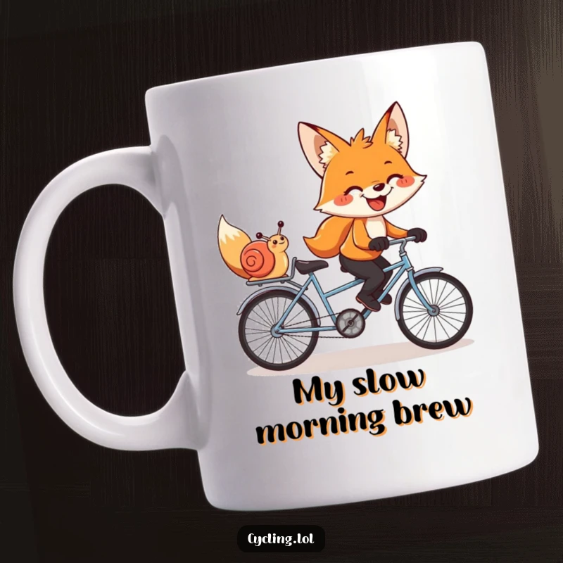 Funny mug features a grinning fox and a snail pedaling a tandem bike together, showcasing humorous teamwork.