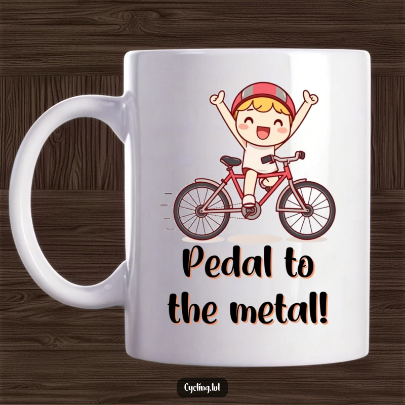 Funny Kawaii mug featuring a jubilant character on a tiny bicycle, speed lines showing exaggerated triumph and happiness.