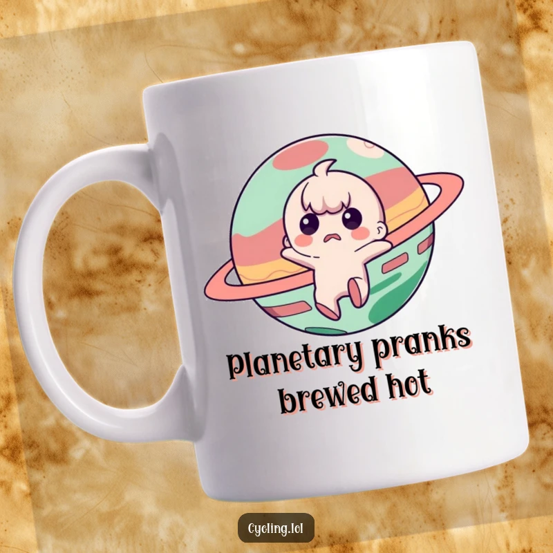 Funny mug showing a startled character recoiling from a mischievous planet, capturing a moment of cosmic surprise.