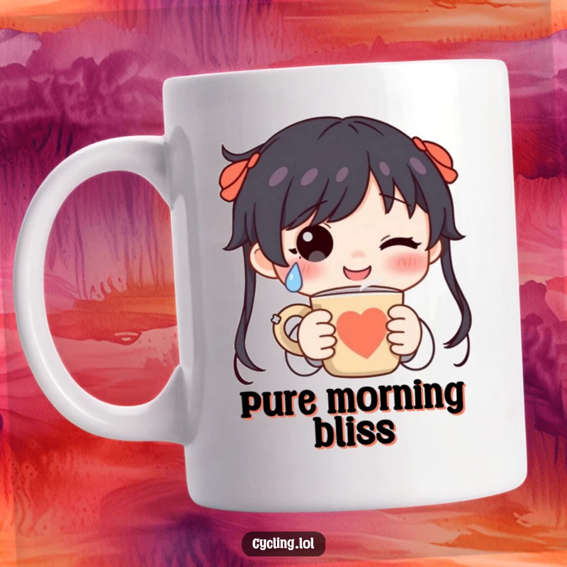 Funny character with a happy tear rolling down their cheek, lovingly holding a steaming mug, expressing pure beverage bliss.