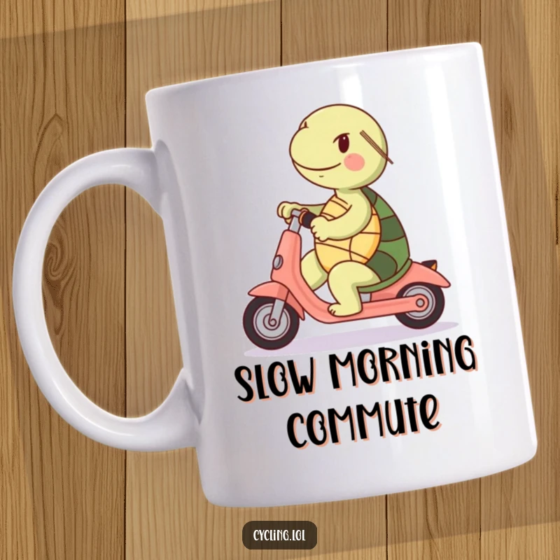 Funny mug: A happy turtle rides a scooter backwards, symbolizing unique progress and cheerful determination.