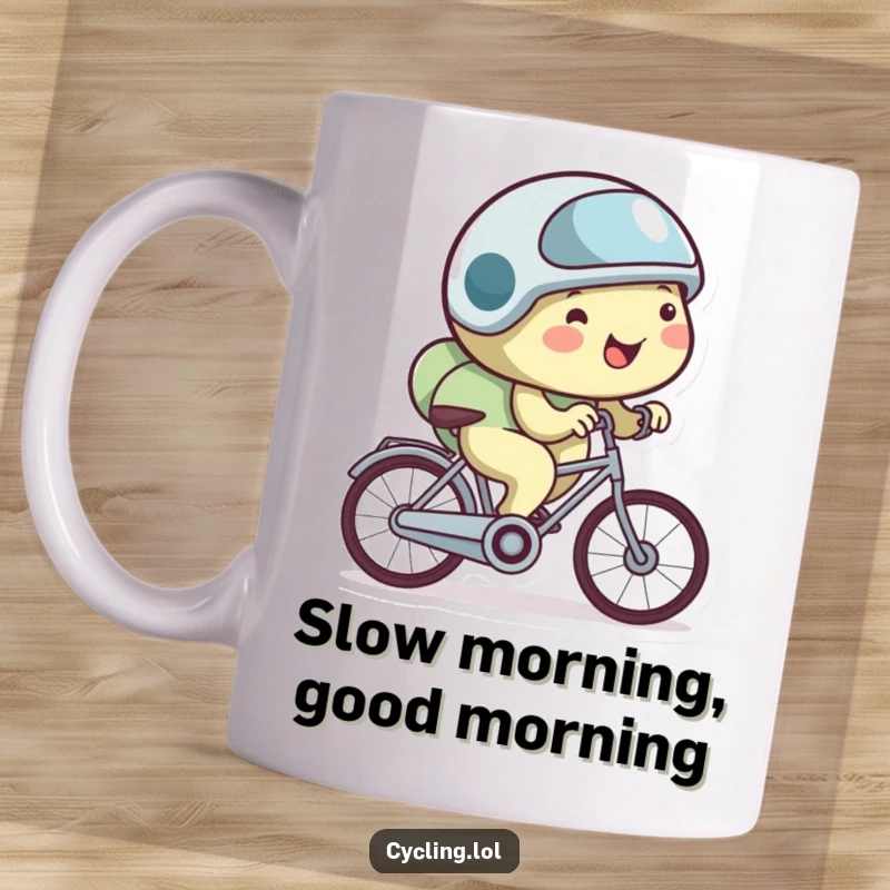 Funny snail mug showing happy snail wearing a tiny helmet, cycling extremely slowly with a determined look.