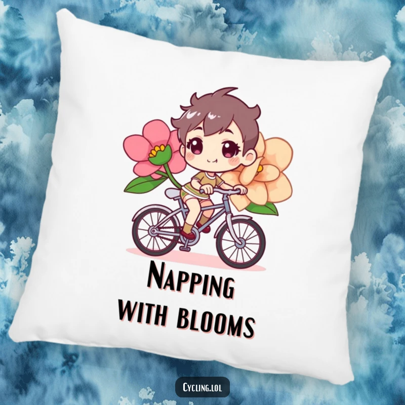 Funny bicycle pillow featuring a determined, cheerful character riding a bike with a giant flower, for comfort and style.