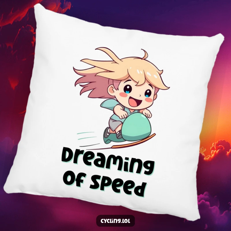 Funny speed pillow showing a character zooming downhill with windblown hair and a wide, happy smile, for comfort and excitement.