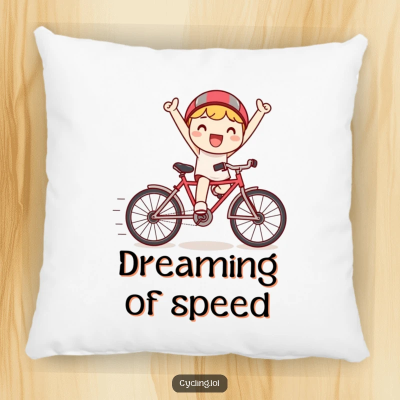 Funny pillow featuring a happy Kawaii character triumphantly riding a tiny bicycle, speed lines creating a dynamic and cheerful look.