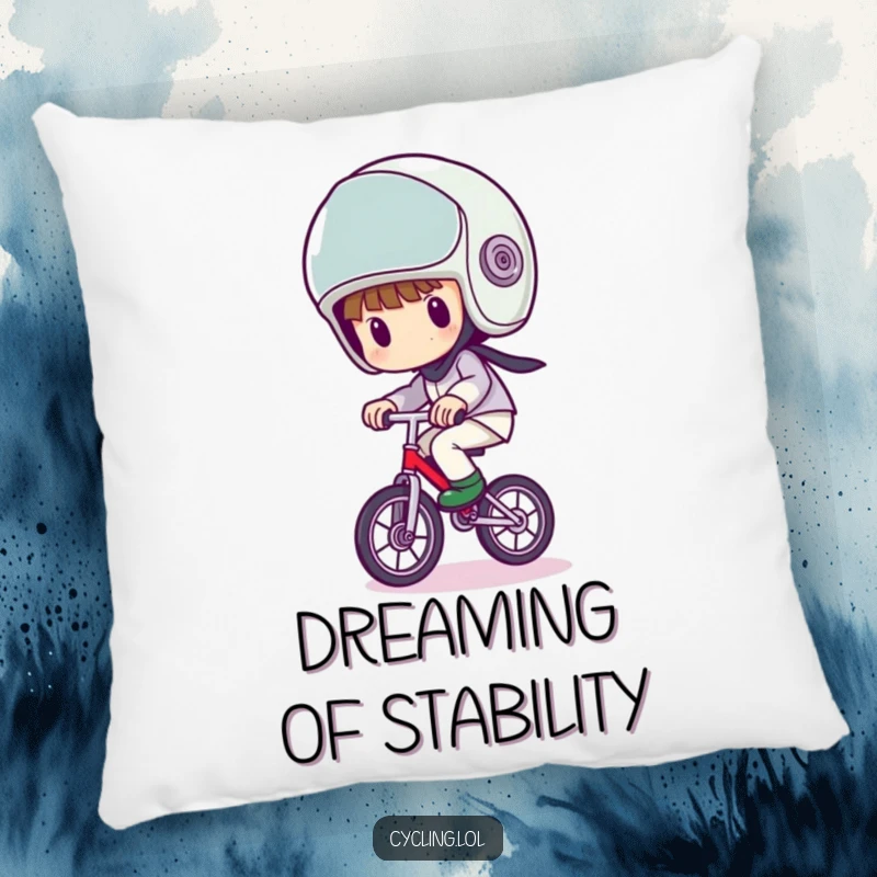 Funny pillow with a character wearing a comically large helmet, wobbling precariously on a unicycle, comfortable and humorous.