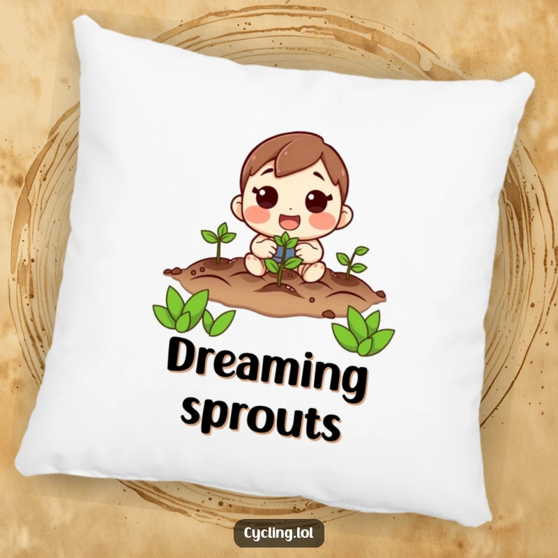 Funny pillow design of a character planting seeds with excitement and hope, bringing garden cheer indoors.