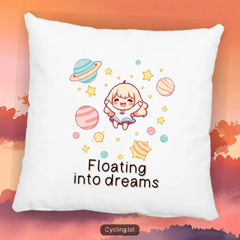 Funny pillow featuring a character floating happily among cosmic stars and planets, adding comfort and joy.