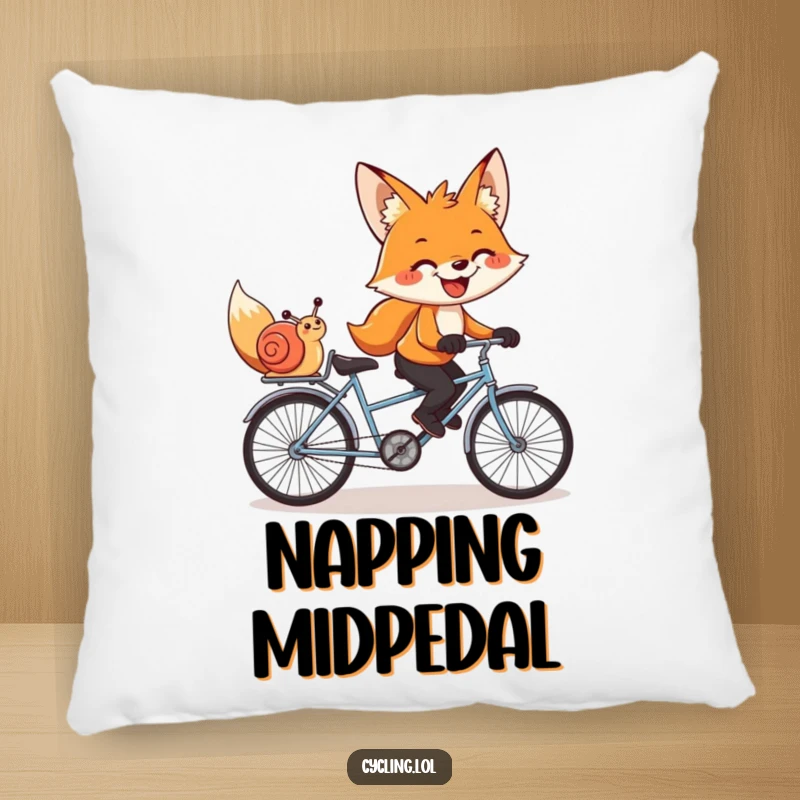 Funny pillow featuring a grinning fox and snail on a tandem bike, radiating humorous friendship and coziness.