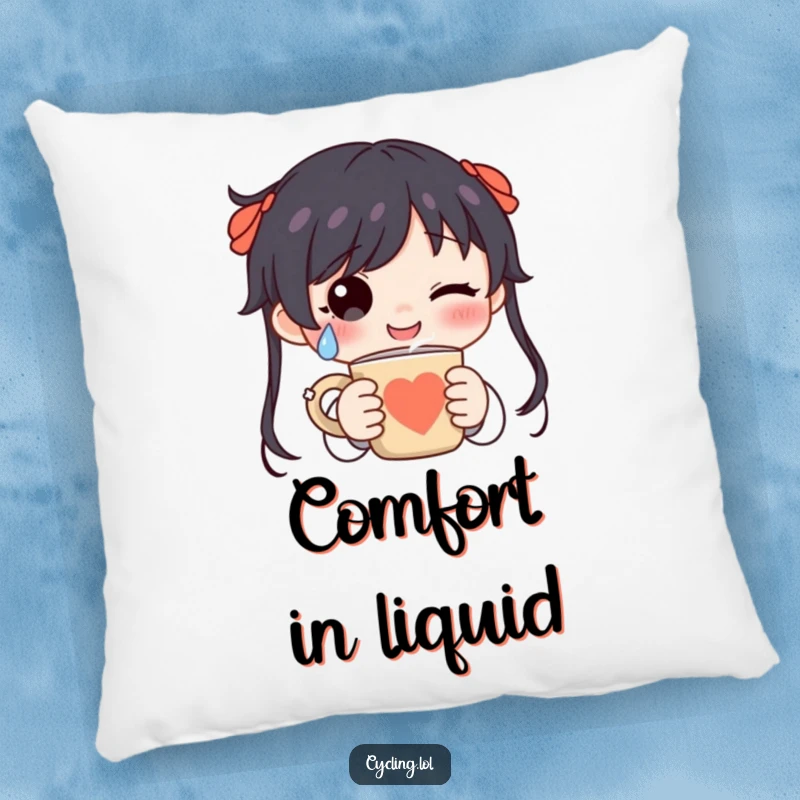 Funny character with a happy tear holding a steaming mug on a soft pillow, symbolizing comfort and coffee-related happiness.
