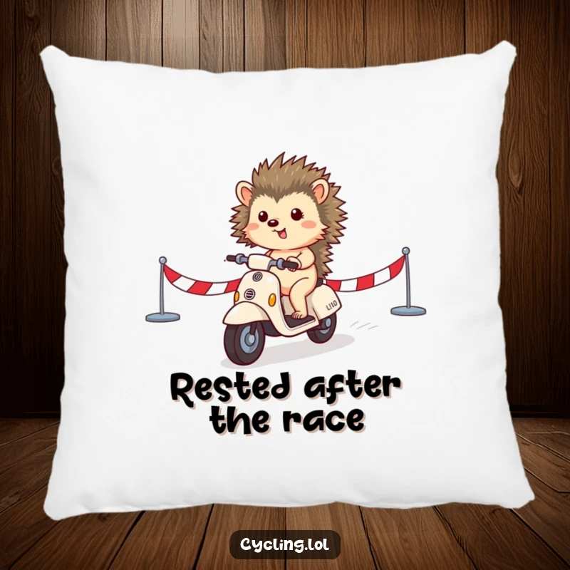 Funny pillow featuring a small hedgehog crossing a finish line on a scooter, radiating humorous victory and coziness.