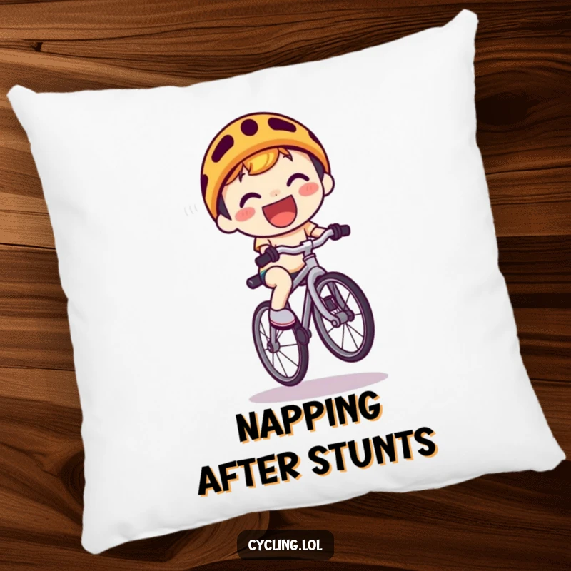 Funny Pillow: A grinning kawaii character balances on a bicycle performing a wheelie, bringing comfort and playful energy.