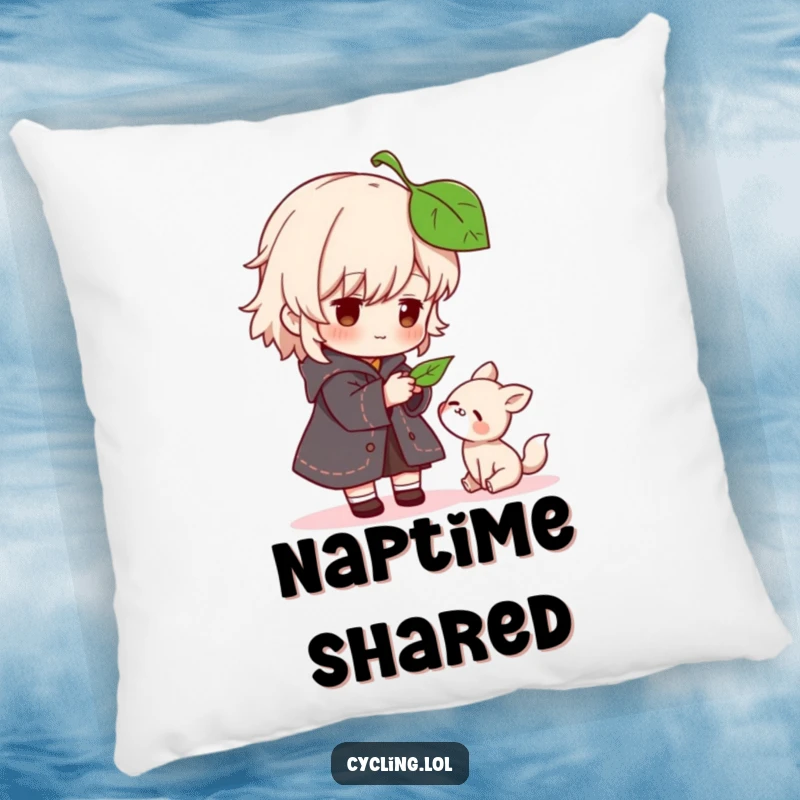 Funny pillow featuring a character gently offering a leaf to a small, grateful animal, perfect for cozy, compassionate decor.