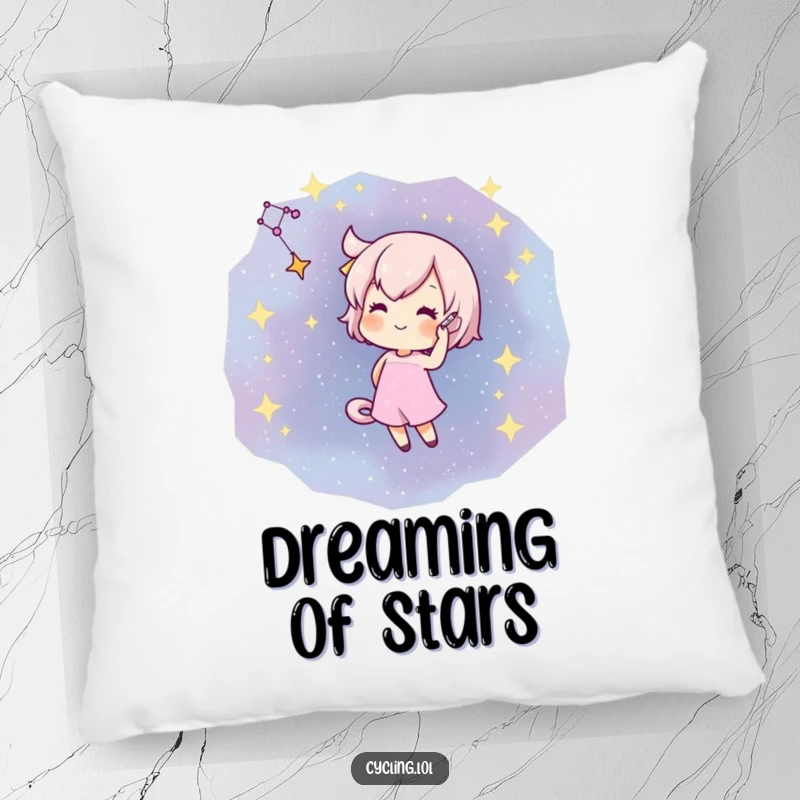 Funny pillow illustrating a character artistically drawing a constellation with a flourish on a star-filled night sky.