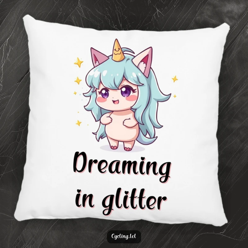Funny character with a mischievous twinkle throwing glittery stardust on a soft pillow, perfect for cozy magic.