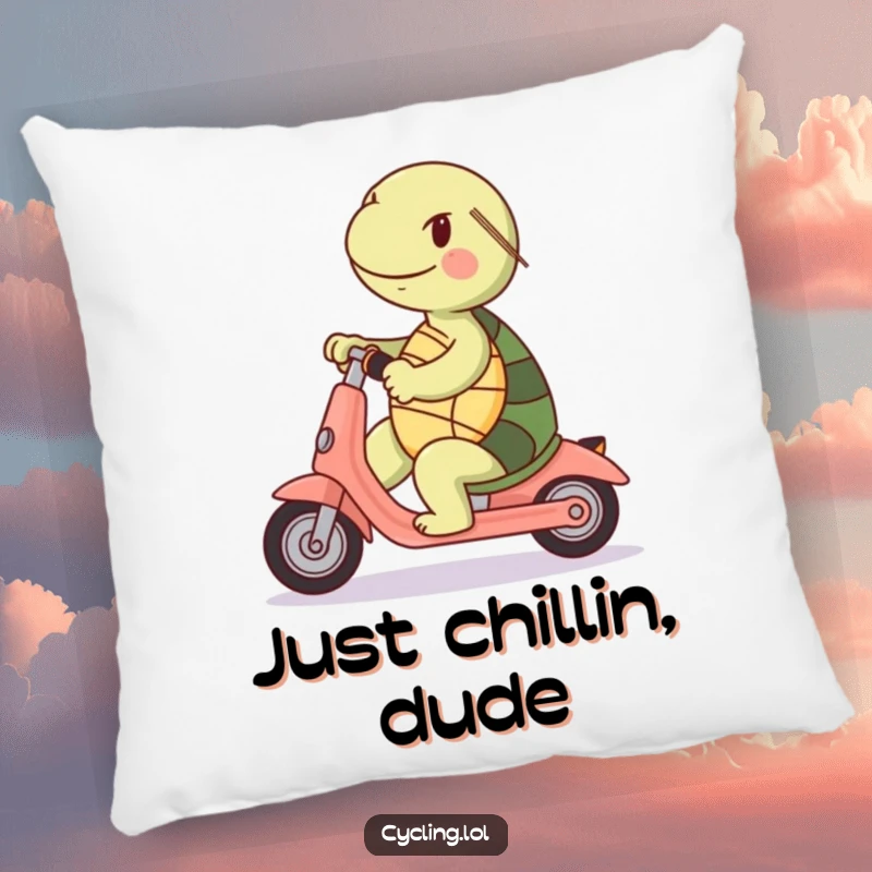 Funny pillow: A cheerful turtle riding a scooter backwards, a humorous and cozy accent piece.