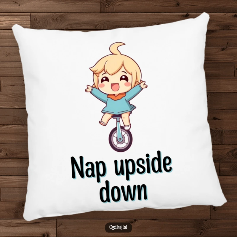 Funny pillow featuring a character riding a unicycle upside down with eyes wide in glee, perfect for adding humorous comfort to any room.