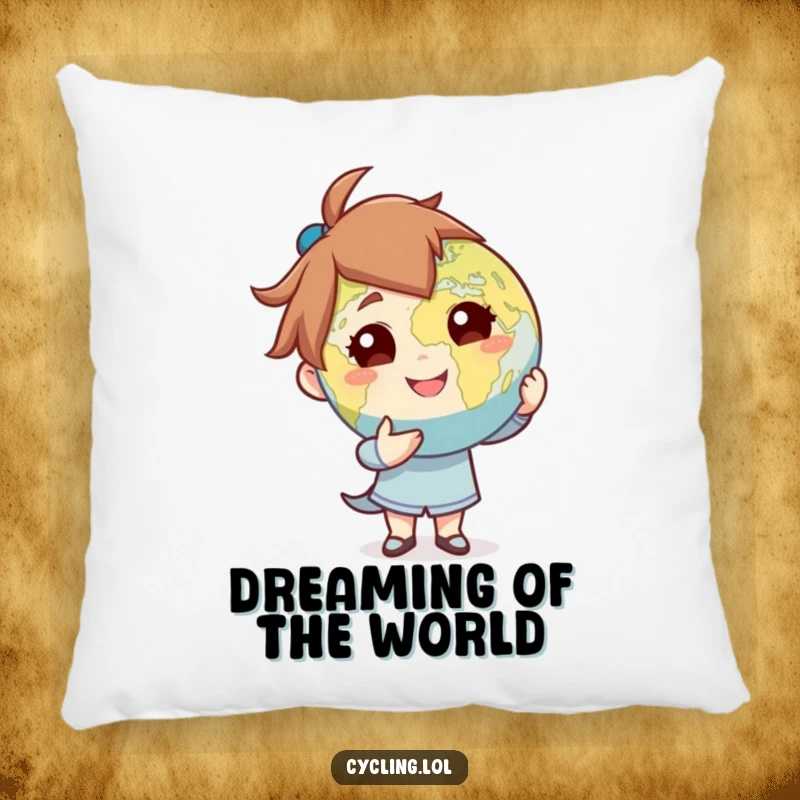 Funny pillow featuring a character confidently presenting the globe with a dramatic flourish, offering plush comfort and a humorous, regal touch.