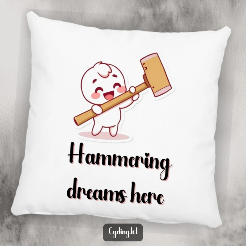 Funny decorative pillow with a character humorously hammering a pretend nail with a comically large hammer, adding a touch of whimsy.