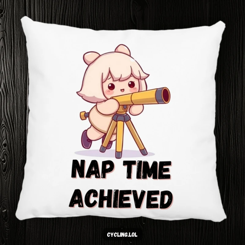 Funny pillow illustrating a character comically tripping over a telescope tripod, adding a sheepish smile and cosmic humor to relaxation.