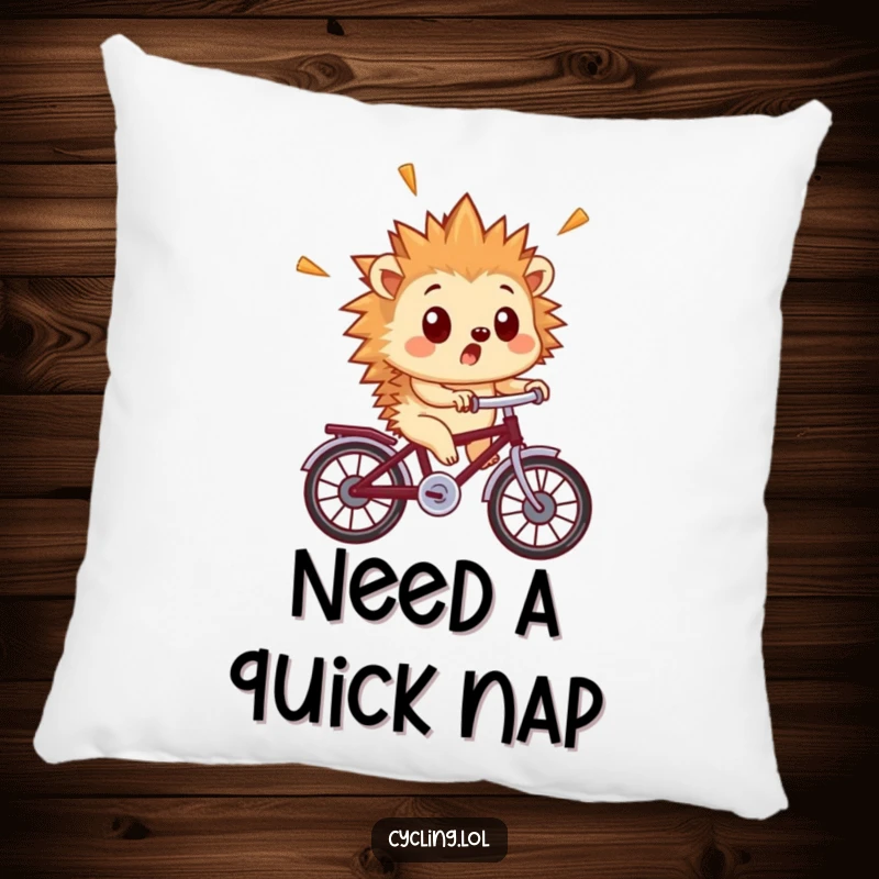 Funny hedgehog pillow with a surprised hedgehog whose quills are flying as it rides a tiny bicycle.