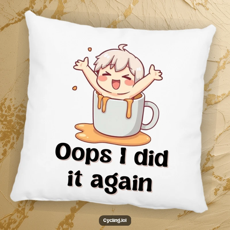 Funny throw pillow featuring a cartoon character comically slipping after spilling liquid, arms flailing wildly, adding humor to any room.