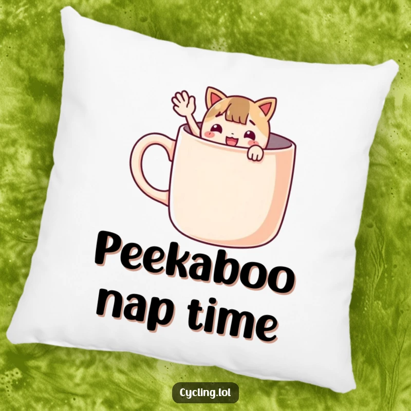 Funny pillow featuring a character peeking from a giant mug and waving enthusiastically, perfect for adding cozy, cheerful humor.