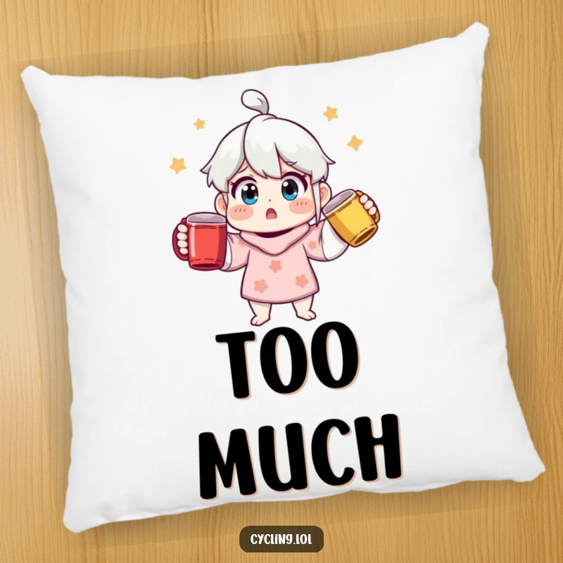 Funny surprised character juggling three colorful mugs on a plush pillow, adding a humorous touch to home decor.