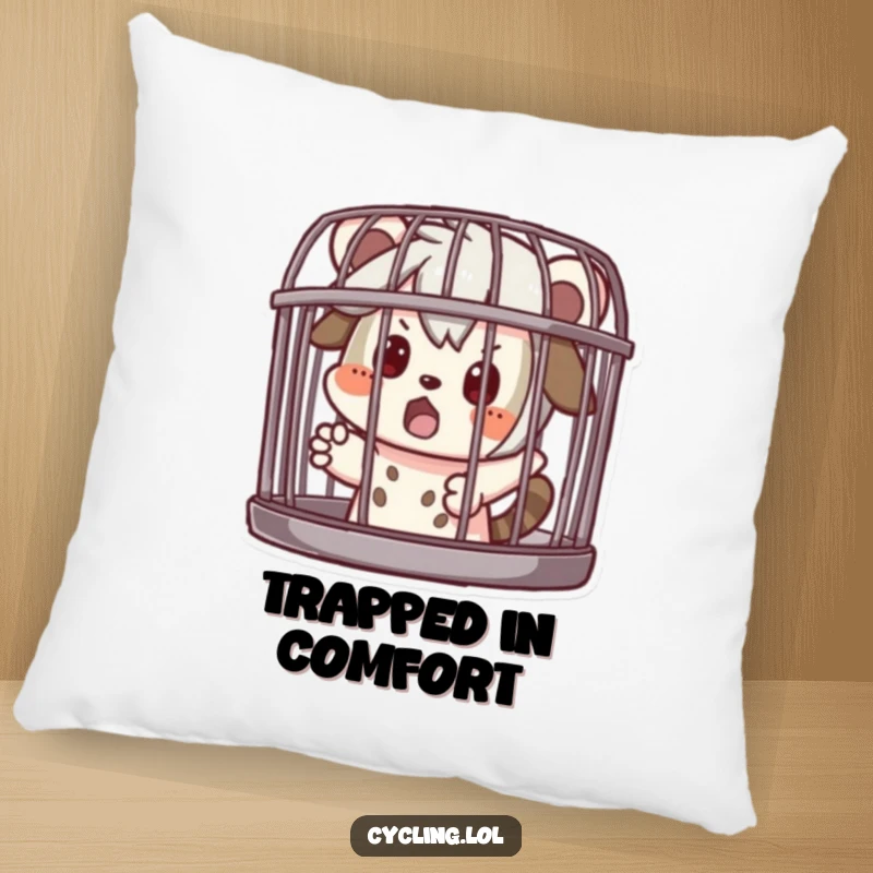 Funny Pillow: Character pretending to be caged with a surprised expression, offering humorous comfort and decor, a perfect funny gift for pranksters.