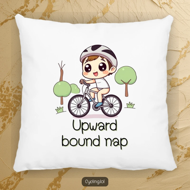 Funny pillow with a character, eyes wide with delight, joyously pedaling a bicycle uphill, adding comfort and humor to any room.
