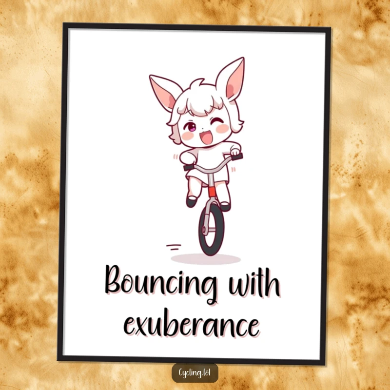 Funny digital art print of a character joyfully bouncing on a unicycle, ears flapping, embodying infectious excitement and dynamic movement.