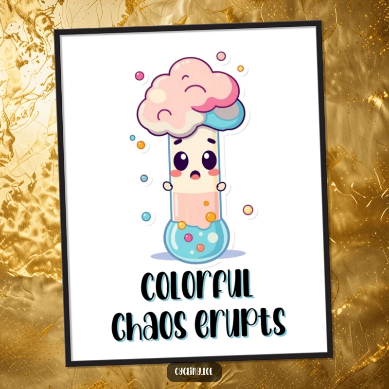 Funny Digital Art Print of a surprised character reacting to a test tube eruption with colorful foam, offering humorous decor.