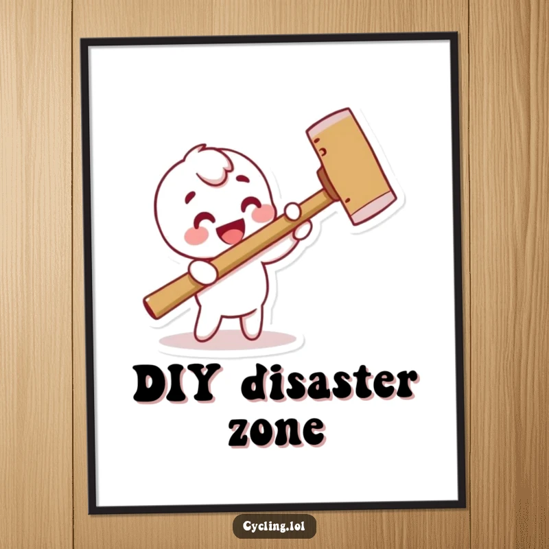 Funny digital art print of a character humorously hammering a pretend nail with a comically oversized hammer, full of playful, absurd energy.