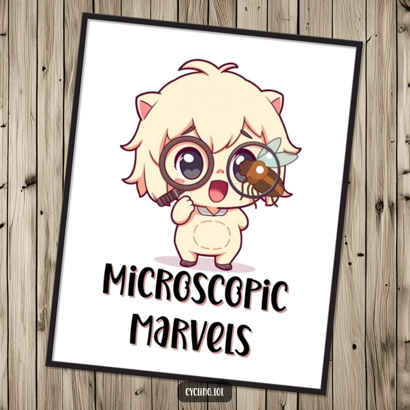 Funny Digital Art Print: Character with monocle excitedly examines magnified insect, a humorous piece celebrating curiosity and the beauty of the small, downloadable for instant joy.