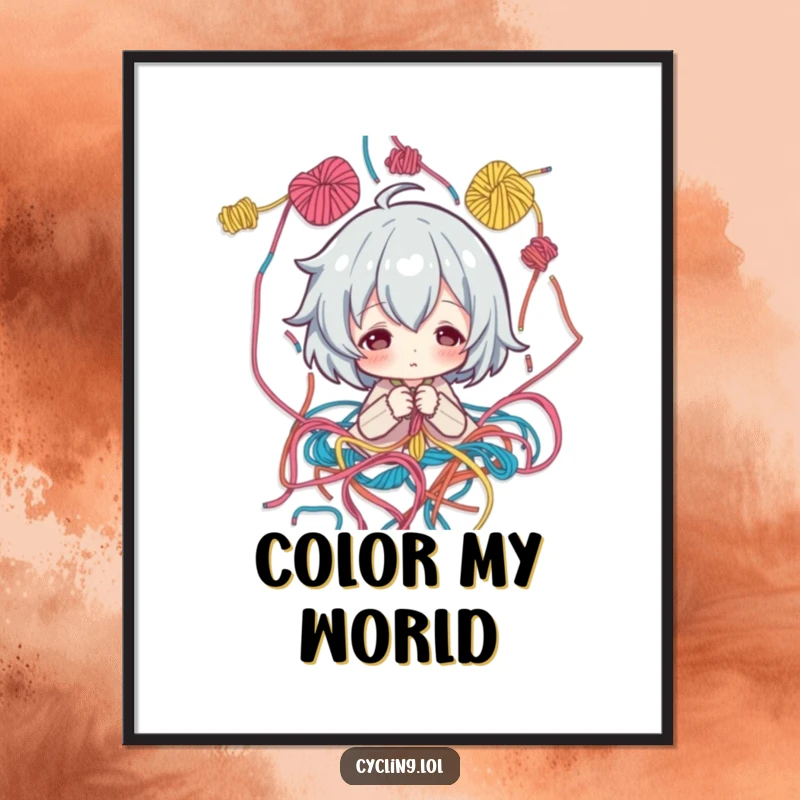 Funny Digital Art Print: Artist character surrounded by colorful threads, looking thoughtfully at a pattern, humorous wall art.