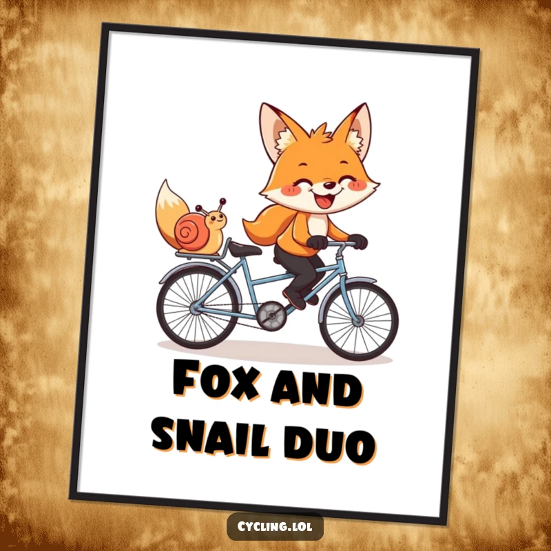 Funny digital art print of a grinning fox and snail pedaling a tandem bike, capturing humorous friendship and teamwork.