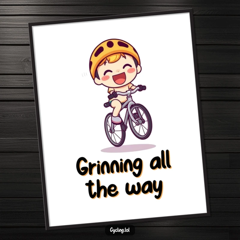 Funny Digital Art Print: A cute kawaii character with a wide grin performs a bicycle wheelie, bringing instant fun and personality.