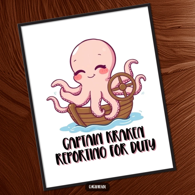 Funny digital art print of a winking octopus humorously steering a boat with all tentacles, a whimsical and printable piece of art.