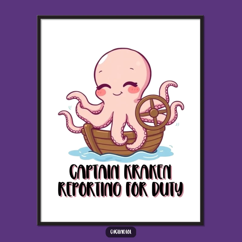 Funny Octopus Boat Captain Digital Art: Winking Cephalopod Download, Printable Funny Gift