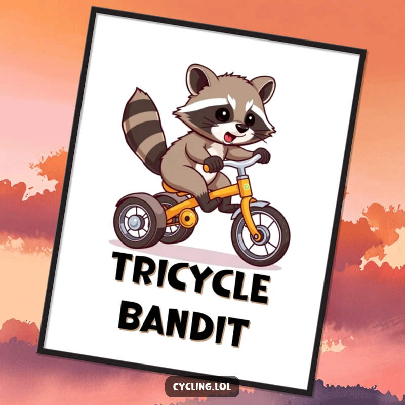 Funny Raccoon Digital Art: A raccoon masterfully performs a tricycle wheelie, offering a lively and humorous visual for any space.