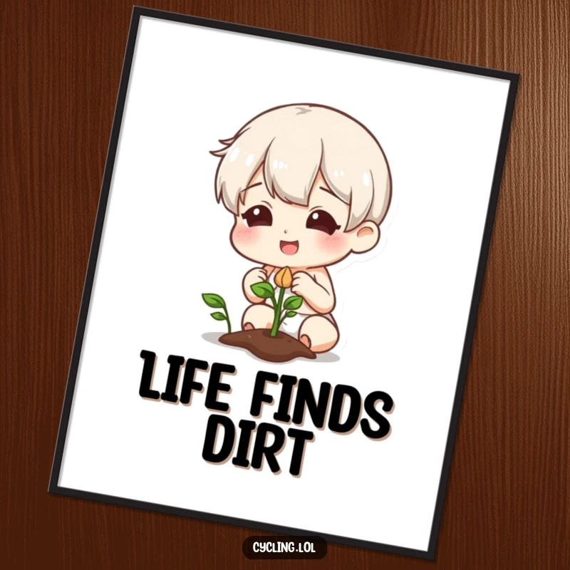 Funny digital art print of a character smiling curiously at a plant with a sprouting seed, ideal for home or office decor.