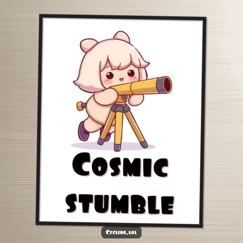 Funny digital art print of a character comically tripping over a telescope tripod with a sheepish smile, celebrating astronomy's funny side.