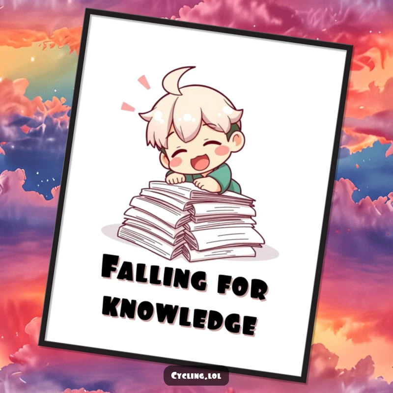 Funny digital art print of a character laughing while tripping over research papers, ready for download and display.