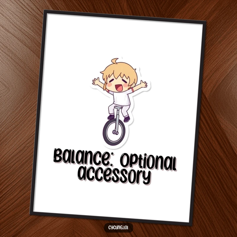 Funny digital art print of a character hilariously failing to balance on a unicycle, arms flailing, capturing a moment of pure comedy.