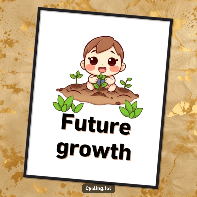 Funny digital art print of a character planting seeds with excitement and hope, perfect for instant wall decor.